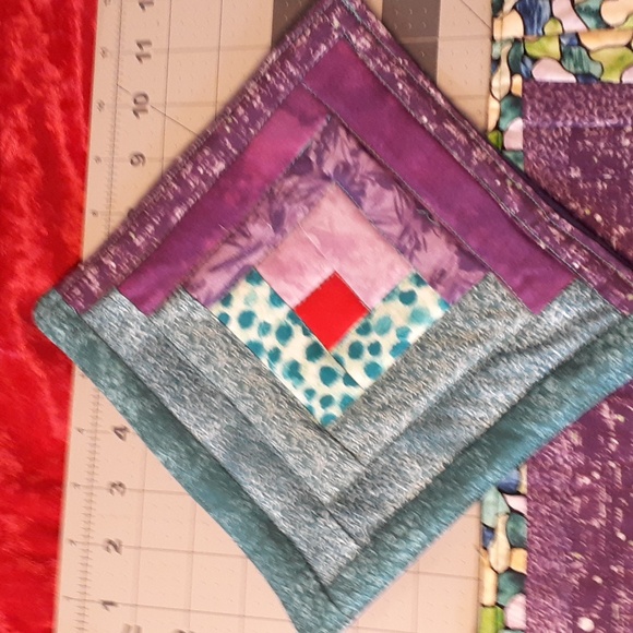 Three piece hot pads, handmade. Log Cabin design with vibrant fabrics. - Picture 2 of 2